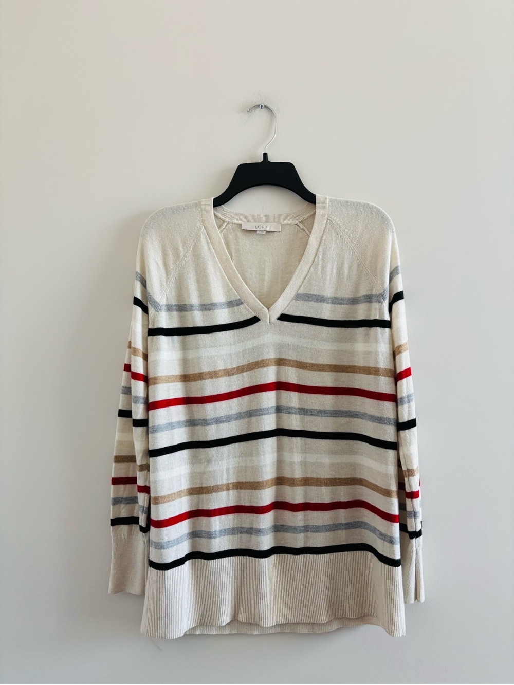 LOFT Sweater Beige Stripe Long Sleeve V-Neck Knit Womens S Preppy Academia Twee - Picture 3 of 9